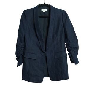 Tahari Womens 100% Linen Shawl Lapel Blazer Jacket Ruched Sleeve Navy Size 4P